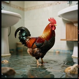 kodak portra 4 0 0 photographic and realistic rooster, interior of a bathroom, detailed, octane render, unreal engine, 4 k, artstation, hyper realistic, wide angle, floor flooded, how a river, objects that float, 3 5 mm, sharp focus, soft light, volumetric light, in the style of gregory crewdson