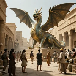 a crowd of sculptors making a giant statue of dragon in an ancient street of egypt, beautiful dynamic lighting, cinematic, wide angle establishing shot, extremely high detail, photo realistic, cinematic lighting, post processed, concept art, artstation, matte painting, style by eddie mendoza, raphael lacoste, alex ross