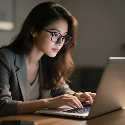 beautiful woman with glasses, typing on a laptop. Dynamic light, 4k, high detail