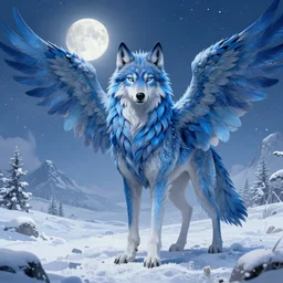 blue feathered wolf with wings on a beautiful fantasy landscape, standing facing front, regal, elegant, winter, snow, moonlit, hd, illustration, epic, d & d, fantasy, intricate, elegant, highly detailed, digital painting, artstation, concept art, smooth, sharp focus, illustration, wallpaper, art by artgerm and greg rutkowski and alphonse mucha and jin xiaodi