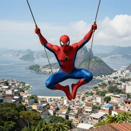 Brazilian spider-man, swinging through Rio de Janeiro, favelas can be seen in the background, beautiful environment 8k, octane render