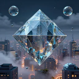beautiful city, random metaballs, diamond glass, city inside is distorted by light refraction, night fog, clouds, pixel art, highly detailed