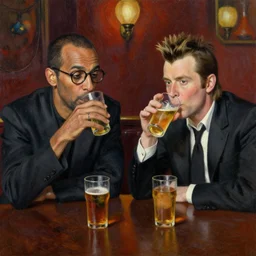 Tom Waits and Iggy Pop drinking in a pub, oil painting by james gurney and norman rockwell