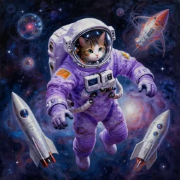 cat!!!!!!!!! astronauts wearing purple space suits floating in the cosmic galaxy with new rockets, digital painting masterpiece, by ilya kuvshinov, by frank frazetta, by mœbius, by reiq, by hayao miyazaki, intricate detail, beautiful brush strokes, advanced lighting technology, 4 k wallpaper, interesting character design, stylized yet