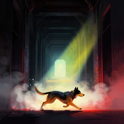 a beautiful artwork illustration, concept art sketch of a futuristic dog running in a long dark corridor, volumetric fog, godrays, high contrast, high contrast, high contrast, vibrant colors, vivid colors, high saturation, by Greg Rutkowski and Jesper Ejsing and Raymond Swanland and alena aenami, featured on artstation, wide angle, vertical orientation