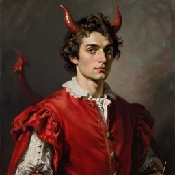 Stunning and highly detailed painting of the devil disguised as a very handsome young man wearing a red doublet