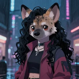 character portrait of a female anthro hyena fursona with a cute beautiful attractive furry face and long black curly hair wearing stylish clothes in a cyberpunk city at night while it rains. hidari, color page, tankoban, 4K, tone mapping, Akihiko Yoshida.