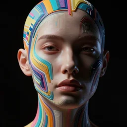 face of a woman, with colorful geometric patterns, futuristic, intricate, volumetric dramatic light, dark black background, sharp focus, highly realistic, octane render, art by greg rutsowski
