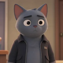 film still of an anthropomorphic gray cat wearing a jacket in Dream Work's The Bad Guys Animation