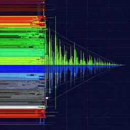an abstract musical score of an ambient piece, containing hard industrial noise and wind sounds, using lots of colors and looking like a datavisualisation