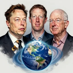 portrait of elon musk, mark zuckerberg and jeff bezos together, looking at planet earth, very detailled, art contest winner on behance, trendy on deviantart, donato giancola, joseph christian leyendecker, les edwards, ed repka, wlop