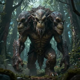 giant ettin with two heads, ettin from dungeons and dragons, dnd in a dark forest, digital art, high quality render, artstation, 8 k, photograph quality, ultrahd