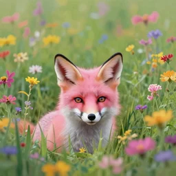pink fox head popping out of a field of multi colored flowers by kilian eng, victo ngai, josan gonzalez