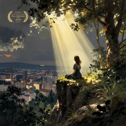 A lonely woman, distant city, forest, cliff, gorgeous view, dramatic light, high contrast, illustration by Paul Gustave Doré