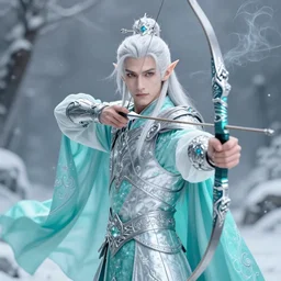 handsome male snow elf in a turquoise cape and silver ornate armour as an archer, albino skin, pale pointed ears, ethereal opalescent mist, winter vibes, perfect face, elegant, very coherent symmetrical artwork, by wenjun lin, krenz cushart, charlie bowater, trending on artstation