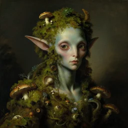 a close - up rococo portrait of an futuristic alien elf - like creature covered in moss, mushrooms, and swamp. gloomy, 1 8 th century fantasy masterpiece painting by jean - honore fragonard, moebius, and johfra bosschart.