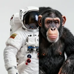 double exposure portrait split in the middle of a astronaut and one chimpanzee in a suit posing with space in the background, pencil art, double, dynamic lighting stars, sharpness, golden ratio