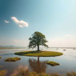 the solitary great tree centered in the image. cloudless sunny sky. little islands in the flooded plain. max rive, 4 k, instagram, landscape, hdr