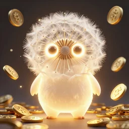 a glowing humanoid figure dandelion monster with large glowing eyes, surrounded by golden coins, highly detailed, digital art, sharp focus, trending on art station, anime art style