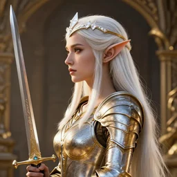 queen elf profile view with white diamond headband and armor in golden and silver colors and a curve long sword, pincked ears, full body, white long hair, detailed face, epic masterpiece of cinematographic hyperrealism, realistic shaded lighting poster by craig mallismo, artgerm, jeremy lipkin and michael garmash, unreal engine, radiant light, detailed and intricate environment, digital art,