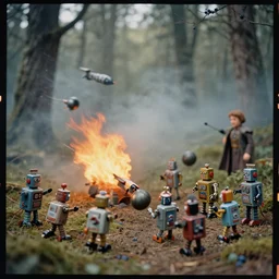 kodak portra 4 0 0, 5 0 0 mm tele lens, wetplate, depth of field, a bunch of fighting tin toy robots in a forest, muted colours, blueberry, 1 9 3 0 s style, hellfire, motion blur, rockets, bombs, haze, fog, by georges melies and by britt marling