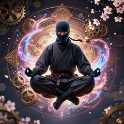 a portrait of a ninja wearing a cowl, floating and meditating!!!!, centered in the frame, surrounded by japanese patterns! and mandalas and cherry blossoms and metal gears and swirling bioluminescent energy!!!!!!!!!, art by peter mohrbacher and dan mumford, 8 k octane render, hyperrealistic, zbrush