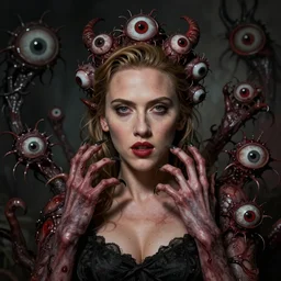a scarlett johansson like demon with multiple buglike eyes, too many clawed fingers, rotting skin, and other various mismatched animalistic features in the style of zdzisław beksinski in the style of junji ito trending on artstation deviantart pinterest furaffinity detailed realistic hd 8 k high resolution