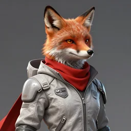hyperdetailed anthropomorphic fox wearing a pale gray sci fi flight jacket and red scarf, unreal engine, digital painting, sharp focus illustration, artstation hq. intricate, elegant, low angle medium shot, art by artgerm and wlop and magali villeneuve