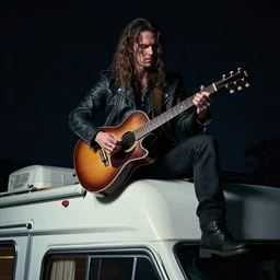 a highly detailed image of a man with long hair in a biker jacket playing a guitar on top of a rv, cinematic lighting, intimidating lighting, dark photo, high definition