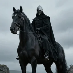 A tall and evil shape, mounted upon a black horse… The rider was robed all in black, and black was his lofty helm metal helmet lotr