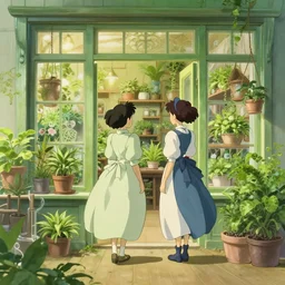 two girls in victorian dress looking around a cute plant shop, light green color scheme, wide angle, natural lighting, intricate details, cozy atmosphere, matte painting, illustration, by hayao miyazaki