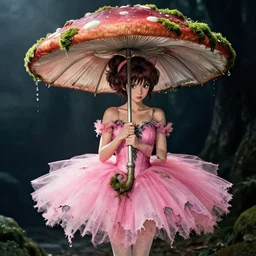 A pixy princess with a tattered pink tutu, mushroom umbrella, moss, dewdrops, watercolor, dramatic lighting, cinematic, establishing shot, extremely high detail, foto realistic, cinematic lighting, pen and ink, intricate line drawings, by Yoshitaka Amano, Ruan Jia, Kentaro Miura, Artgerm, post processed, concept art, artstation, matte painting, style by eddie mendoza, raphael lacoste, alex ross,