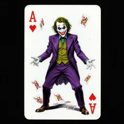 poker card design of dc comic villain the joker creepy menacing dangerous slit mouth smile. full body pose, purple suit, green bowtie, scattered joker poker cards by michael hussar, james jean, tomer hanuka