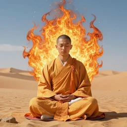 a meditating fire monk in the desert, behind him a giant fire yin and yang symble, perfect art, trending on artstation, high definition, in the artstyle of peter mohrbacher