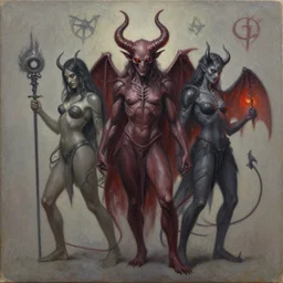 Demonic characters and symbols, oil on canvas, detailed
