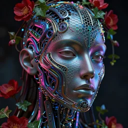 a melancholic realistic 8k sculpture of a complex robotic human face, liquid metal simulation, bright psychedelic neon colors, dark dramatic lighting, hexagonal mesh wire, filigree intricate details, cinematic, fleshy, red blossoms, green ivy, elegant, 50mm lens, DOF, octane render, art nouveau, 8k post-processing, intricate art by greg rutkowski
