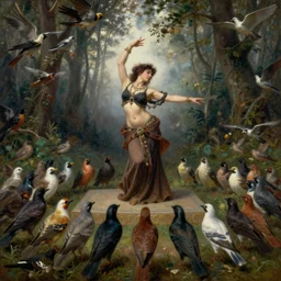 a bellydancer dances on an altar in the middle of the forest, a multitude of birds gathers around her in praise, a painting by john william waterhouse, by John William Godward, by austin osman spare, symbolist painting, mist, volumetric render, digital painting, detailed painting, occult, sharp focus, intrincate details