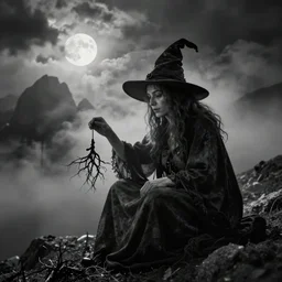 big foggy witch sitting in the dolomites casting root spells, cinestill by dennis villeneuve, black and white, gritty, dark, eerie, ominous lighting, fog, moonlight through clouds
