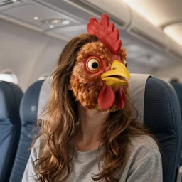 woman with chicken features, on an airplane, realistic scene, very detailed