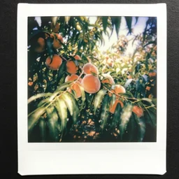 colorful instant photograph of a peach tree full of peaches, polaroid, light leak, raw, nostalgic