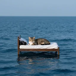 a cat laying on an extremely tiny bed in the middle of the ocean, canon eos r 3, f / 1. 4, iso 2 0 0, 1 / 1 6 0 s, 8 k, raw, unedited, symmetrical balance, in - frame