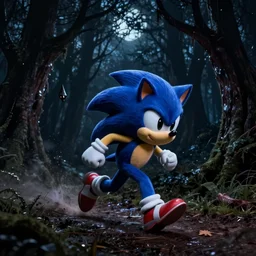 nighttime sonic the hedgehog running in forest, spooky, dark, pitch black horror