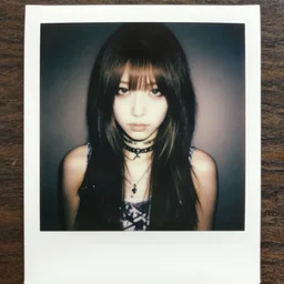 aesthetic upper body polaroid photograph of emo japanese girl, long hair and fringe