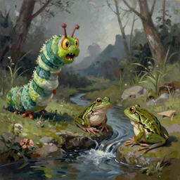 distasteful painting of frogs crossing a small stream being watched by a very hungry caterpillar, sinister, angular, scumbled, oil painting