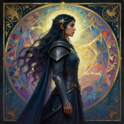 side profile centered painted portrait, Maya Ali as a Elden Ring storm mage, D&D, matte painting concept art, beautifully backlit, official fanart, 4k, HDR, Trending on artstation, Behance, Art Nouveau, chromatic colours, by Jesper Ejsing and RHADS and Makoto Shinkai and Lois van baarle and ilya kuvshinov and rossdraws and Cushart Krentz and Gilleard James