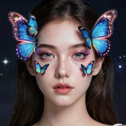 a portrait of a beautiful attractive girl with a neon butterfly face head, very detailed fixed glass eyes, butterflies, cult secret society, cosmic magic, art by james paick, and shaddy safadi, ominous, cosmic horror, trending on artstation, ultra detailed, hyper realistic 4 k, octane, cinema 4 d, c 4 d beeple render, chalk glass finish
