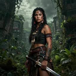 young beautiful tribal woman with face paintings and a sword, in a post apocalyptic city overgrown with lush vegetation, by Luis Royo, by Greg Rutkowski, dark, gritty, intricate, volumetric lighting, volumetric atmosphere, concept art, cover illustration, octane render, trending on artstation, 8k