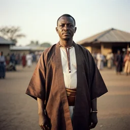 analogue photo of an igbo chief in Haori & Hakama, 35mm, f/1.4, Golden Hour light, national geographic, photographed by Martha Cooper,