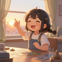 cute girl playing d & d, sunset through the window, joyful, bright, intricate, sharp focus, lens flare, bloom, illustration, highly detailed, digital painting, concept art, matte, art by ruan jia and wlop and greg rutkowski, masterpiece