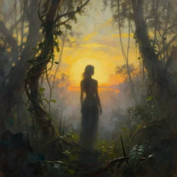 foggy_jungle_with_vines_and_spikes_woman_silhouette_backlight__oil_painting_by_frazetta_dramatic_sunset panorama_-W_1800_-n_2_-S_43645814